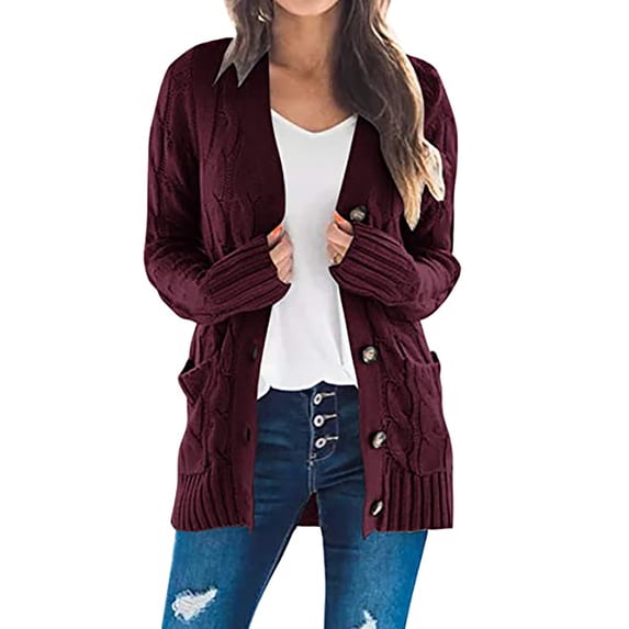 GigrtiJin Women Cotton Knitted Cardigan Outcoat Solid Color Button Down Long Sleeve Jacket with Pocket Loose Casual Outwear