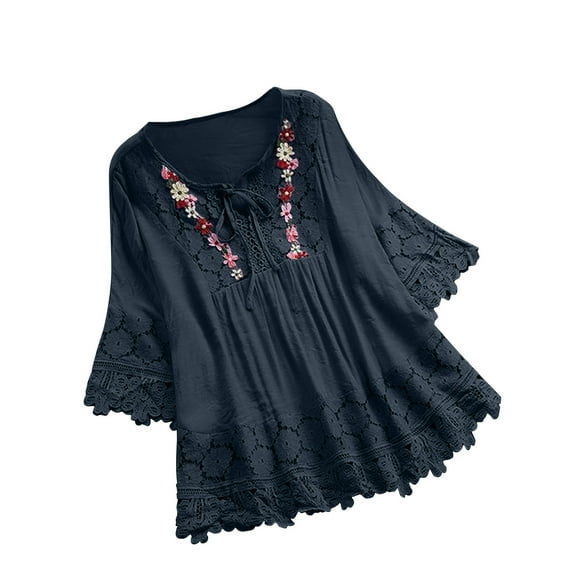 GigrtiJin Women Cotton Linen Embroidered Tops Loose 3/4 Sleeve Summer Tunic Blouse Trendy Plus Size Shirts Clothes