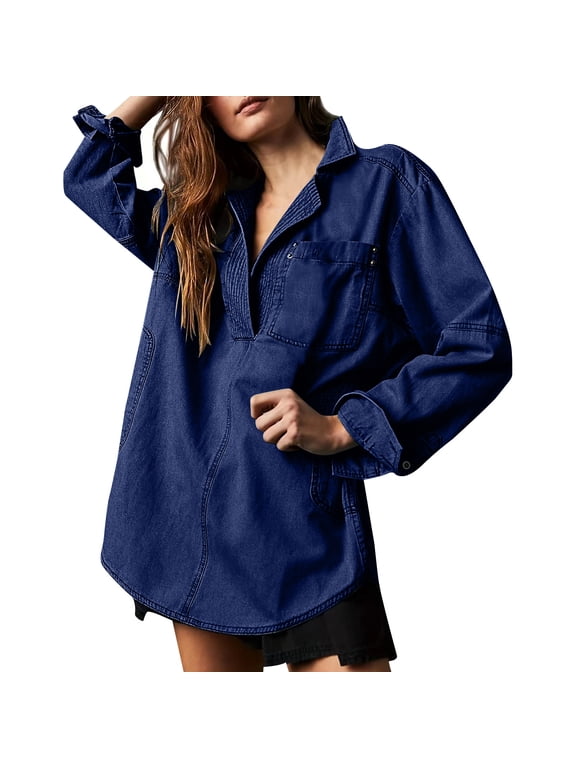 Women Denim Tops Lapel V Neck Long Sleeve Casual Pullover Blouse Fall Trendy Dressy Casual Sweatshirt