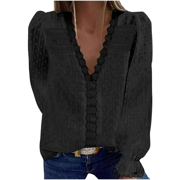 GigrtiJin Women Fall V-Neck Shirt Flared Long Sleeved Solid Color Loose Pullover Tops Casual Fashion Solid Color Blouse