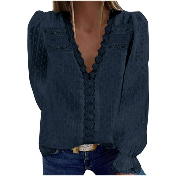 GigrtiJin Women Fall V-Neck Shirt Flared Long Sleeved Solid Color Loose Pullover Tops Casual Fashion Solid Color Blouse