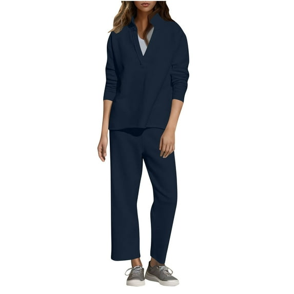 GigrtiJin Women Fall Winter 2 Piece Sets Long Sleeve Lapel V Neck Top and Wide Leg Pant Set Comfy Casual Fashion Outfit