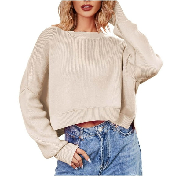 GigrtiJin Women Fall Winter Crewneck Sweater Long Sleeved Knitted Solid Color Blouse Casual Loose Pullover Crop Top