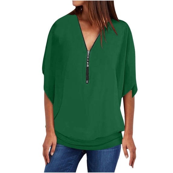 GigrtiJin Women Half-Zip Short-Sleeved Top Casual V Neck Solid Color Loose Shirt Trendy Plus Size Pullover Blouse