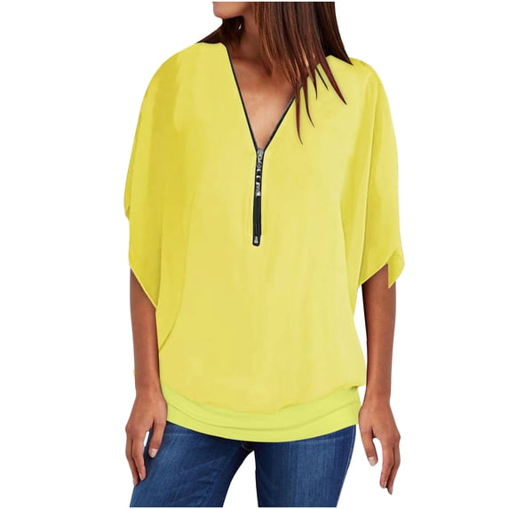 GigrtiJin Women Half-Zip Short-Sleeved Top Casual V Neck Solid Color Loose Shirt Trendy Plus Size Pullover Blouse