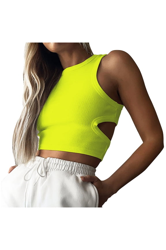 Women Knit Ribbed Workout Tank Tops Backless Crewneck Sleeveless Crop Tee Shirt Casual Running Camisole Tank