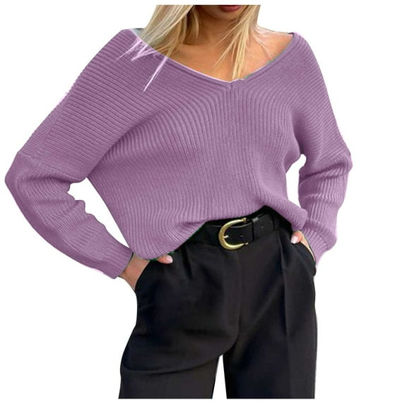 GigrtiJin Women Knitting V-Neck Sweater Casual Long Sleeved Solid Color Loose Sweaters Fashion Comfy Pullover Top Blouse