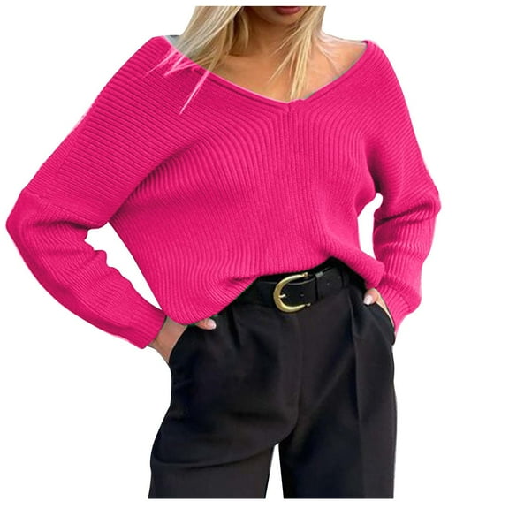 GigrtiJin Women Knitting V-Neck Sweater Casual Long Sleeved Solid Color Loose Sweaters Fashion Comfy Pullover Top Blouse
