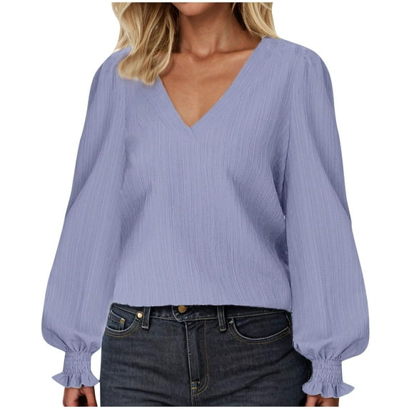 GigrtiJin Women Lantern Long Sleeve Blouse Spring Fashionv-Neck Dressy Casual Tops Shirt Solid Color Oversized Top
