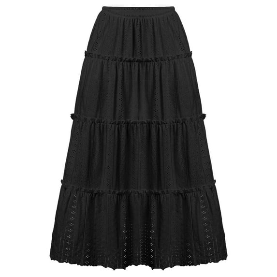 GigrtiJin Women Long Ankle Pleated Skirt High Elastic Waisted Tiered A-Line Flowy Skirts Fashion Casual Eyelet Skirt