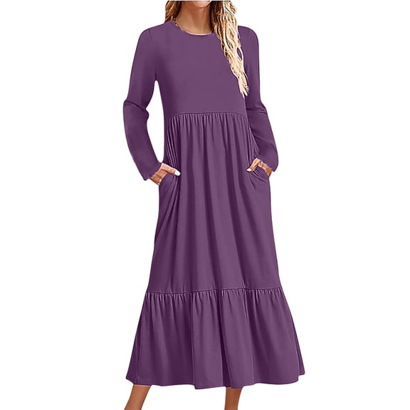 GigrtiJin Women Long Sleeve Crewneck Dress Fall Casual Fashion Ruffle Hem Solid Color Dresses with Pockets
