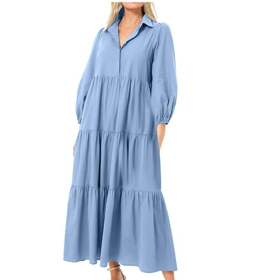 GigrtiJin Women Long Sleeve Maxi Dresses Casual Flowy V Neck Button up Ruffle Hem Dress Fashion Solid Color Dress