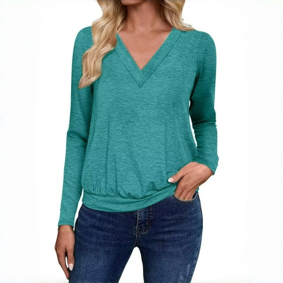 GigrtiJin Women Long Sleeve Shirts Plus Size Solid Color V-Neck Tops Comfy Casual Breathable Lightweight Blosue
