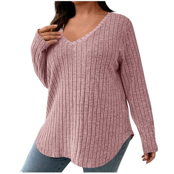 GigrtiJin Women Long Sleeve Sweater Casual V-Neck Lightweight Tunic Tops Solid Cable Knit Loose Plus Size Blouse