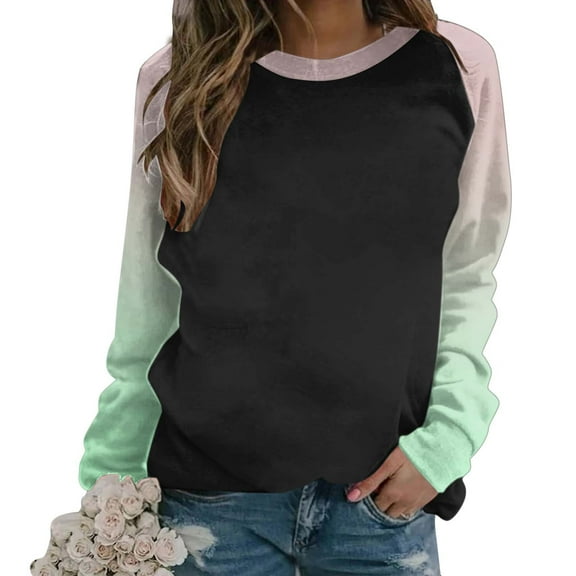 GigrtiJin Women Long Sleeved Gradient Sweatshirt Plus Size Round Neck Casual Pullover Top Fashion Going out Basic Blouse