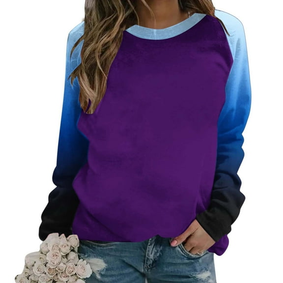 GigrtiJin Women Long Sleeved Gradient Sweatshirt Plus Size Round Neck Casual Pullover Top Fashion Going out Basic Blouse