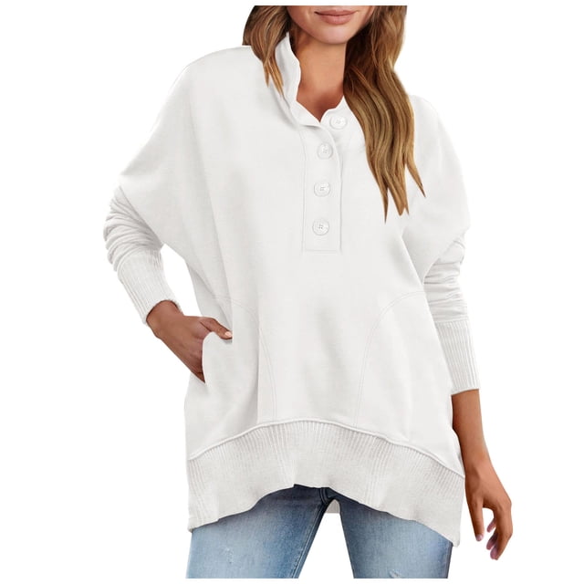 GigrtiJin Women Oversized Sweatshirt Long Sleeve Collar Button Pullover Tops Solid Color Casual Sweatshirts with Pocket