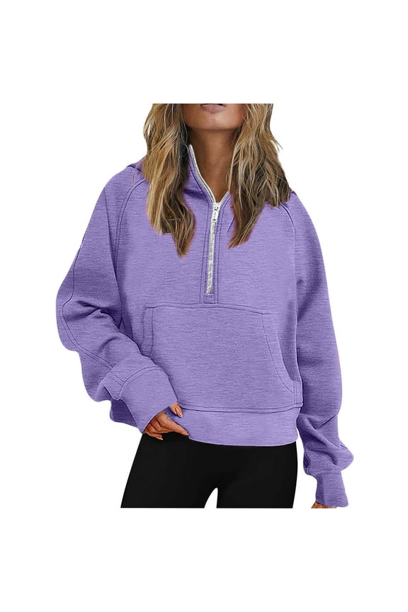 Women Plus Size Half Zip Sweatshirt Long Sleeve Casual Solid Color Hoodie Loose Pullover Crop Top with Pocket