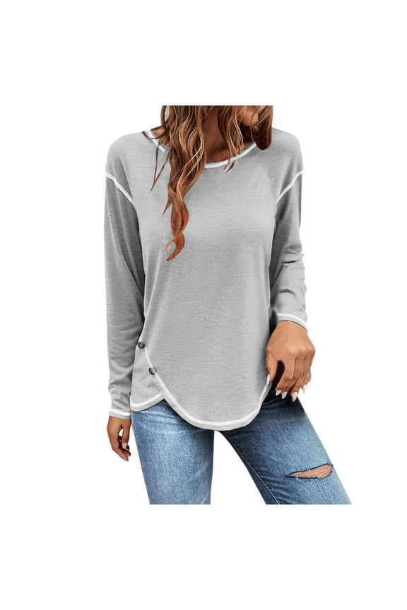 Women Plus Size Long Sleeves Tops Round Neck Irregular Hem Button Shirt Casual Pullover Loose Blouses