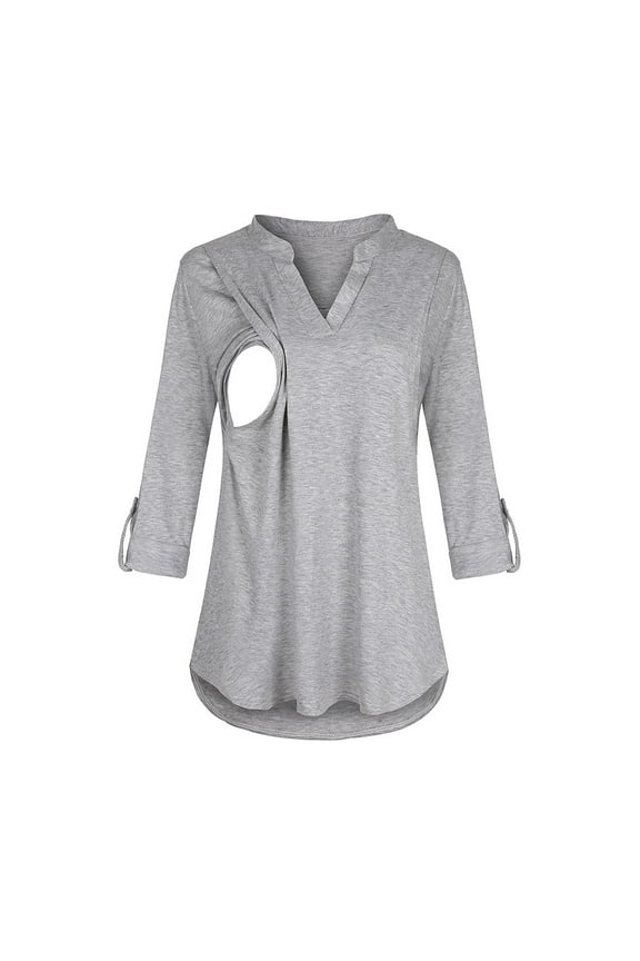Women Pregnant Casual Tops Solid Color V Neck Long Sleeve Blouse Maternity Versatile Breastfeeding Tunic