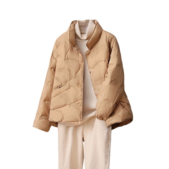GigrtiJin Women Puffer Jacket Solid Color Quilted Button Down Long Sleeve Down Coat Casual Comfy Outcoat