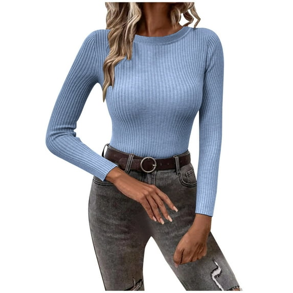 GigrtiJin Women Pullover Sweater Long Sleeve Round Neck Solid Color Slim Knitting Top Casual Comfy Warm Sweaters