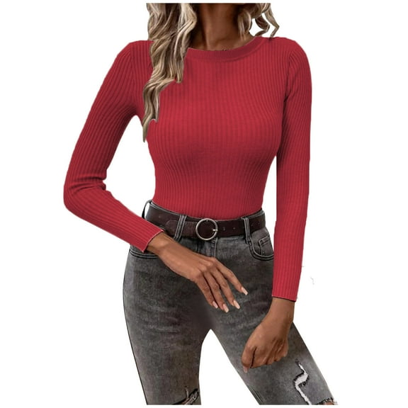 GigrtiJin Women Pullover Sweater Long Sleeve Round Neck Solid Color Slim Knitting Top Casual Comfy Warm Sweaters