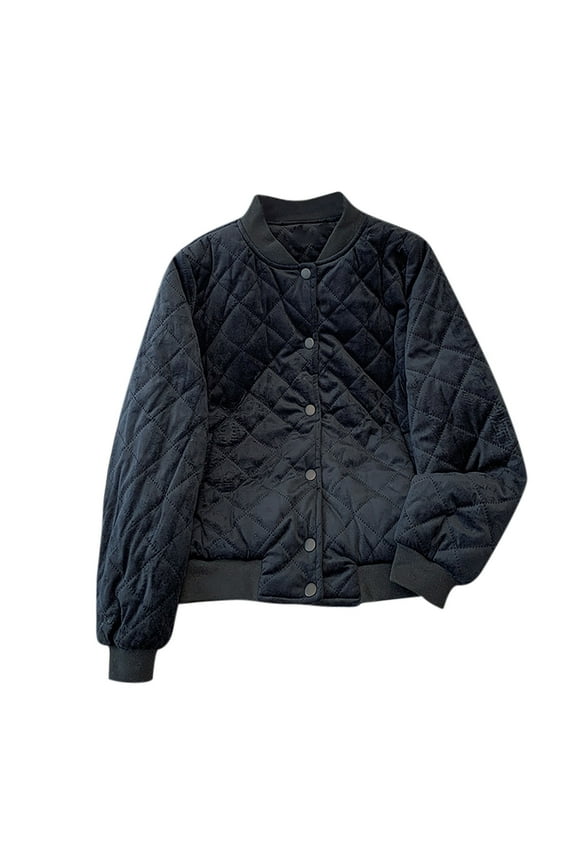 Women Quilted Jacket Solid Color Crew Neck Button Down Long Sleeve Cropped Outcoat Trendy Casual Outwear