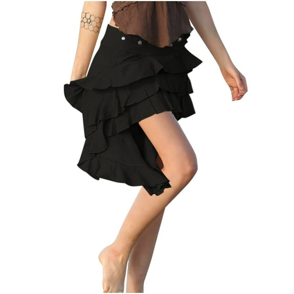 GigrtiJin Women Ruffle Mini Skirt Asymmetrical Hem Flowy Layered Skirt Button down A-Line Skirt High Low Beach Skirts
