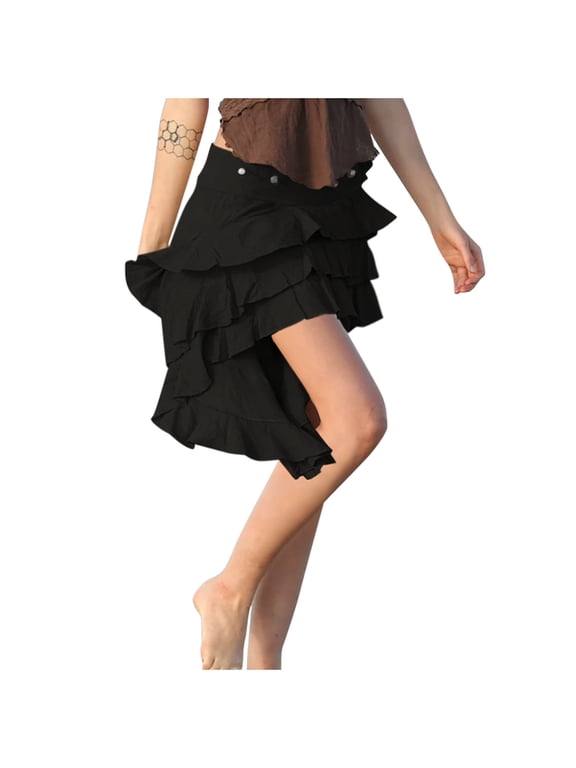 Women Ruffle Mini Skirt Asymmetrical Hem Flowy Layered Skirt Button down A-Line Skirt High Low Beach Skirts