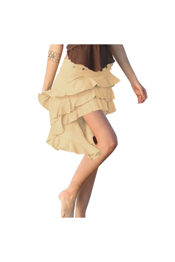 Women Ruffle Mini Skirt Asymmetrical Hem Flowy Layered Skirt Button down A-Line Skirt High Low Beach Skirts