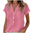 thumbnail image 1 of GigrtiJin Women Short Sleeve Rolled Shirts Casual V Neck Button down Basic Blouses Summer Loose Comfy Tops with Pockets, 1 of 6