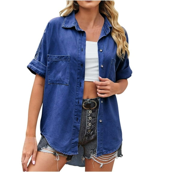 GigrtiJin Women Spring Summer Denim Shirts Button down Lapel Short-Sleeved Shirt Solid Color Fashion Casual Tops