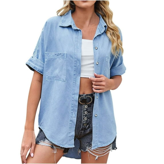 GigrtiJin Women Spring Summer Denim Shirts Button down Lapel Short-Sleeved Shirt Solid Color Fashion Casual Tops