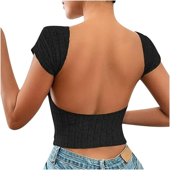 GigrtiJin Women Summer Short Sleeve Blouse Backless Round Neck Going out Tops Open Back Basic Solid Color Tee Shirts