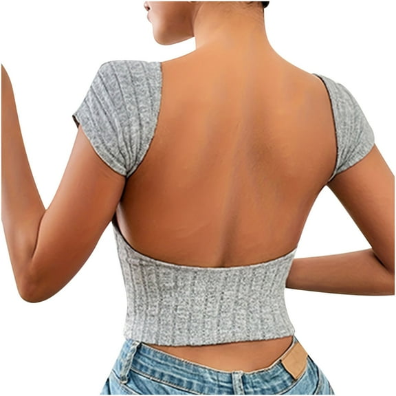 GigrtiJin Women Summer Short Sleeve Blouse Backless Round Neck Going out Tops Open Back Basic Solid Color Tee Shirts