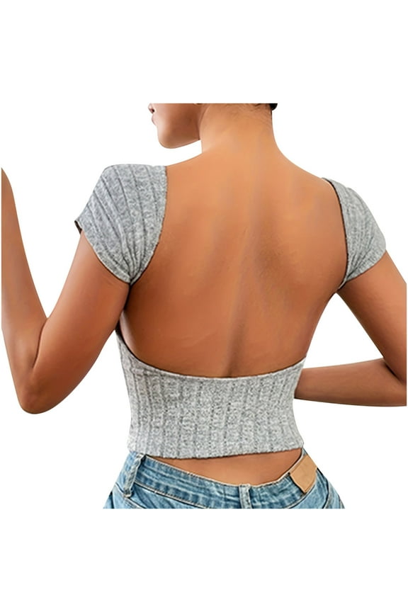 Women Summer Short Sleeve Blouse Backless Round Neck Going out Tops Open Back Basic Solid Color Tee Shirts