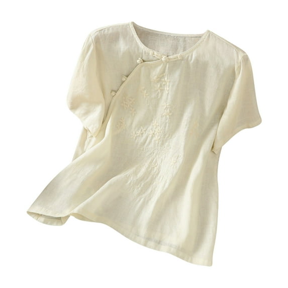 GigrtiJin Women Summer Tops Embroider Buttons Retro Cotton Linen Round-Neck Blouses Solid Color Short Sleeve Casual Shirts