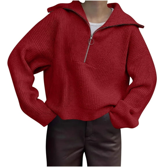 GigrtiJin Women Sweater Solid Color Ribbed Knitted 1/4 Zipper Lapel Long Sleeve Blouse Fall Winter Thermal Cozy Tunic