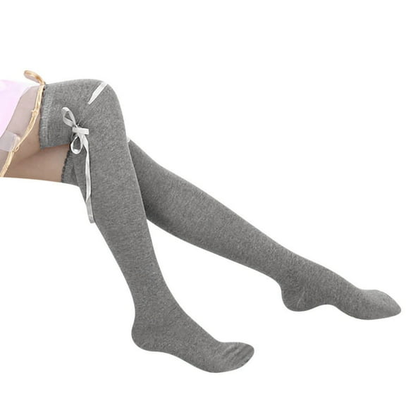 GigrtiJin Women Trendy Casual Stockings Solid Color Cotton Thigh High Seamless Comfy Socks with Bow Ribbon
