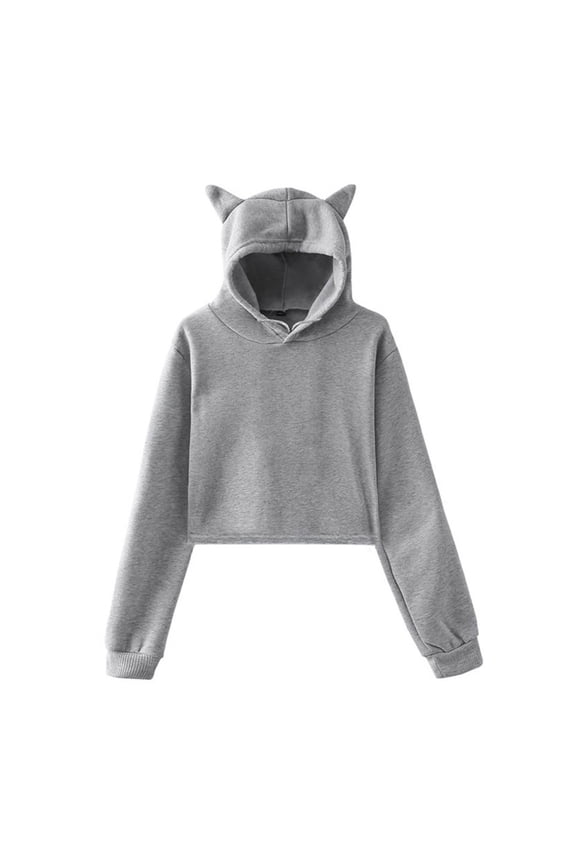 Women Trendy Hoodies Solid Color Ear Hooed Drawstring Long Sleeve Cropped Tops Sport Casual Sweatshirt