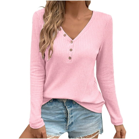 GigrtiJin Women V-Neck Shirts Solid Color Long Sleeves Button T-Shirt Casual Comfy Loose Pullover Tops Blouse