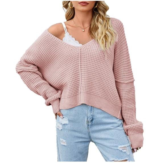 GigrtiJin Women off Shoulder Knit Sweaters V Neck Long Sleeve Loose Pullover Tops Lightweight Comfy Casual Sweater