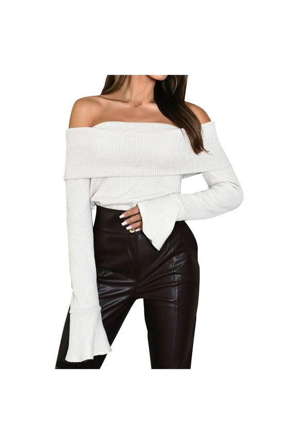 Women off Shoulder Sweaters Long Sleeves Ribbed Knitted Going out Fall Solid Color Comfy Tops Blouse