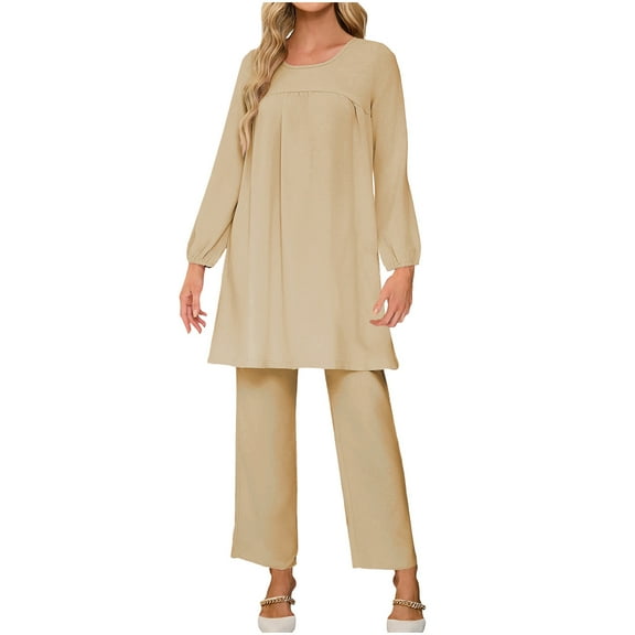 GigrtiJin Women's 2 Piece Outfits Round Neck Long Sleeve dress Top and Wide Leg Pants Sets Casual comfy loose Sets