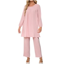 GigrtiJin Women's 2 Piece Outfits Round Neck Long Sleeve dress Top and Wide Leg Pants Sets Casual comfy loose Sets