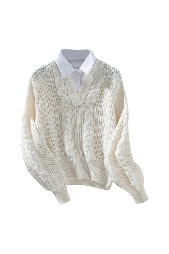 Women's Fall Casual Patchwork Sweaters Long Sleeves Lapel V Neck Fashion Loose Comfy Sweaters Tops