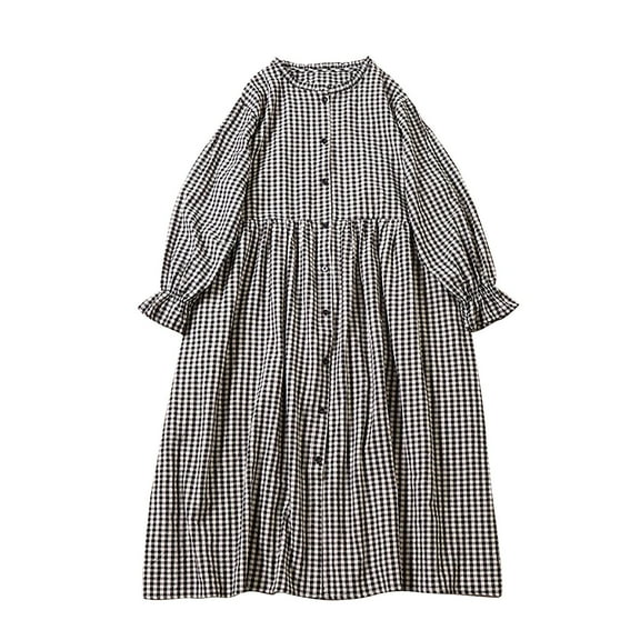 GigrtiJin Women's Fall Dresses Casual Puff Sleeve Button down Plaid Dress Trendy Loose Crew Neck Midi Dress