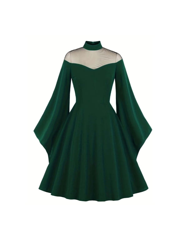 Women's Gothic Dress Vintage Mesh Flare Sleeve High Waist A-Line Dress Cocktail Party Casual Dress