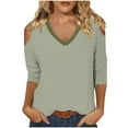 thumbnail image 1 of GigrtiJin Women's off Shoulder Tops 3/4 Sleeve Striped V Neck Pullover Blouses Fashion Casual Going out Shirts, 1 of 5